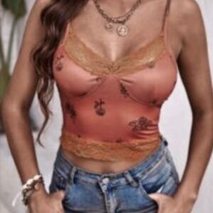 Rose Print Lace Cami Top